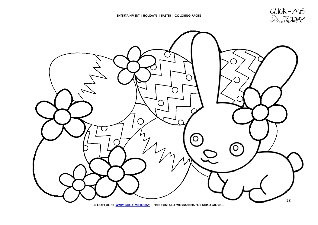 Easter Coloring Page: 28 Flowers and Easter bunny with small eggs